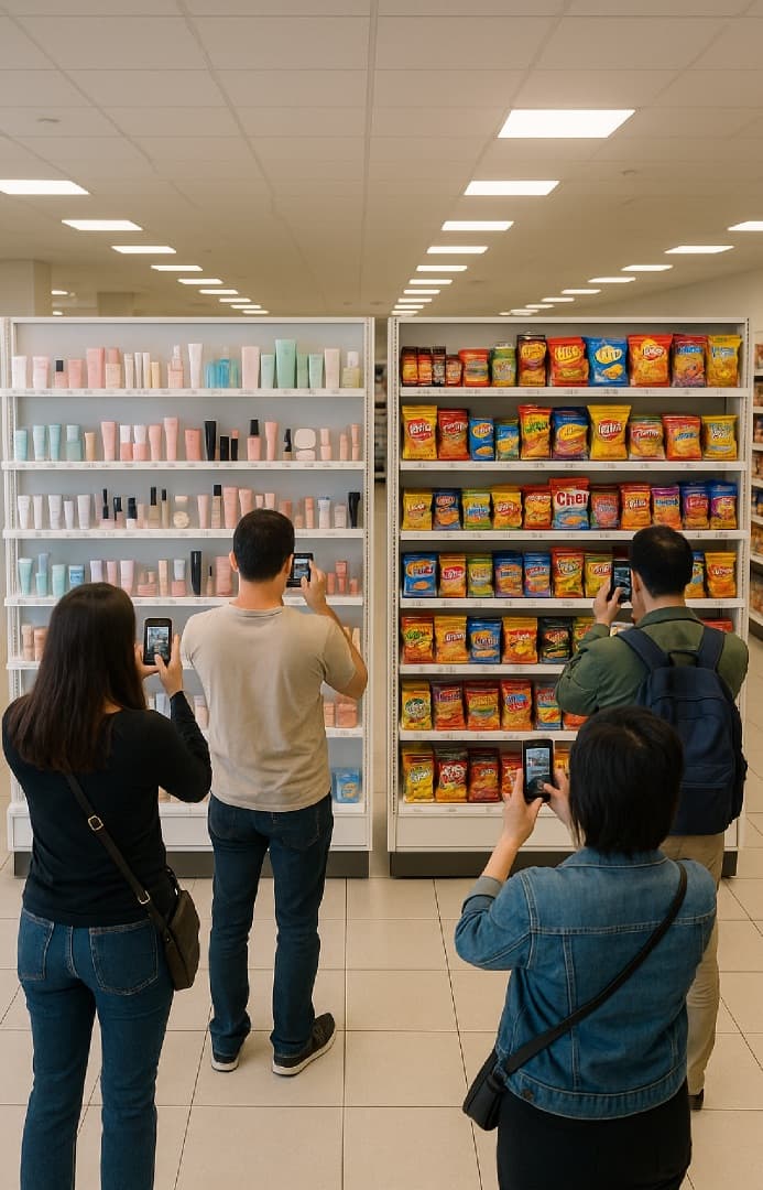 Shoppers scanning products on the shelf